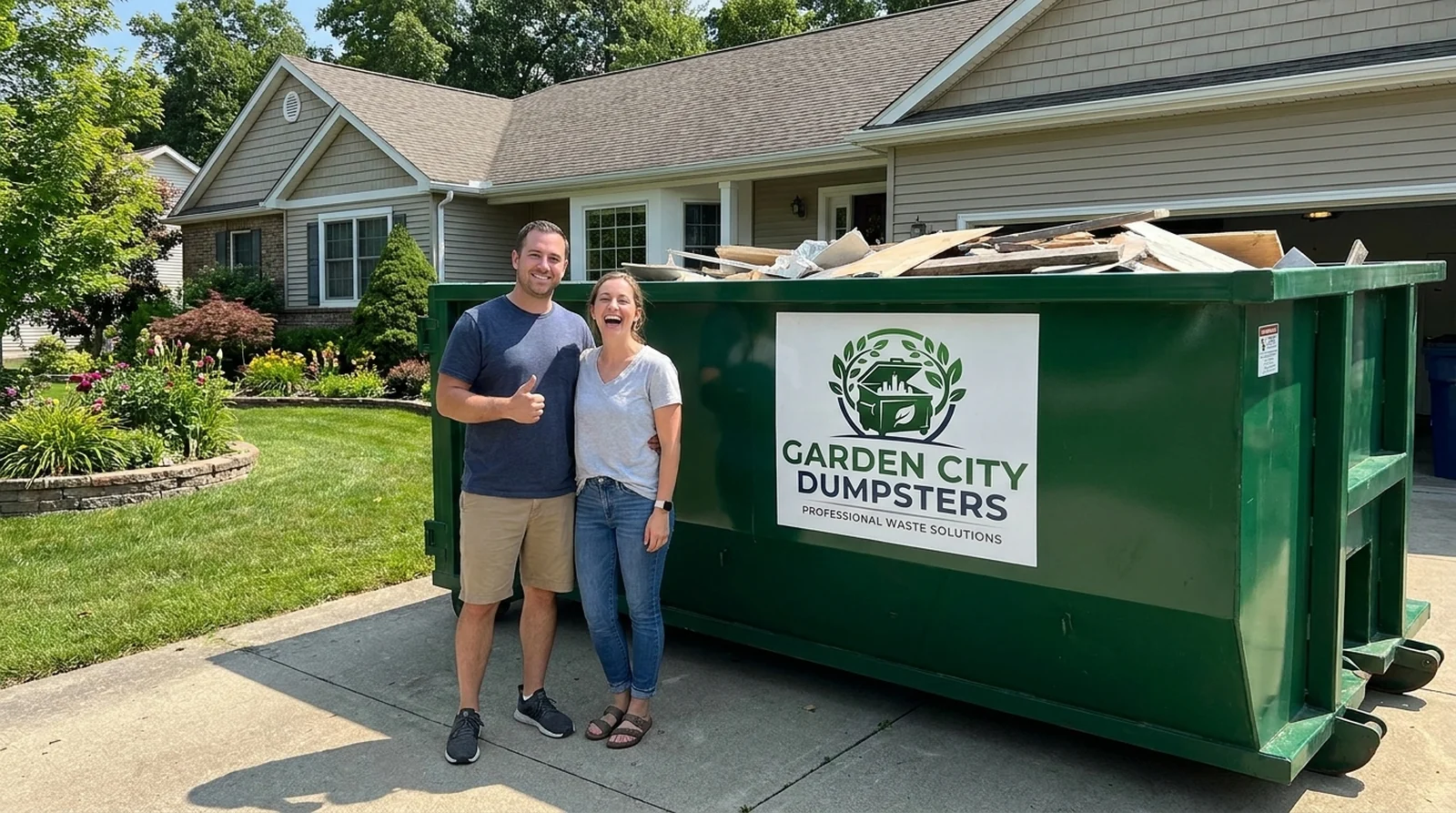 Garden City Dumpsters driver delivering a roll-off dumpster to a homeowner in Augusta